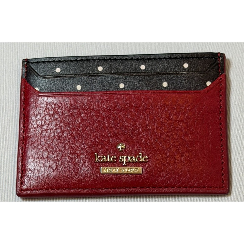 Kate Spade New York Red Black Leather Polka Dot Card Holder Wallet